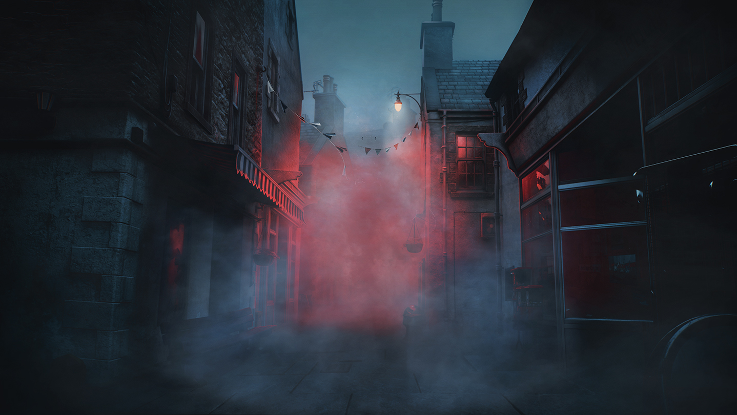 Fog-covered street in St. Amelia lit by red shop windows, from SILENT HILL: Townfall