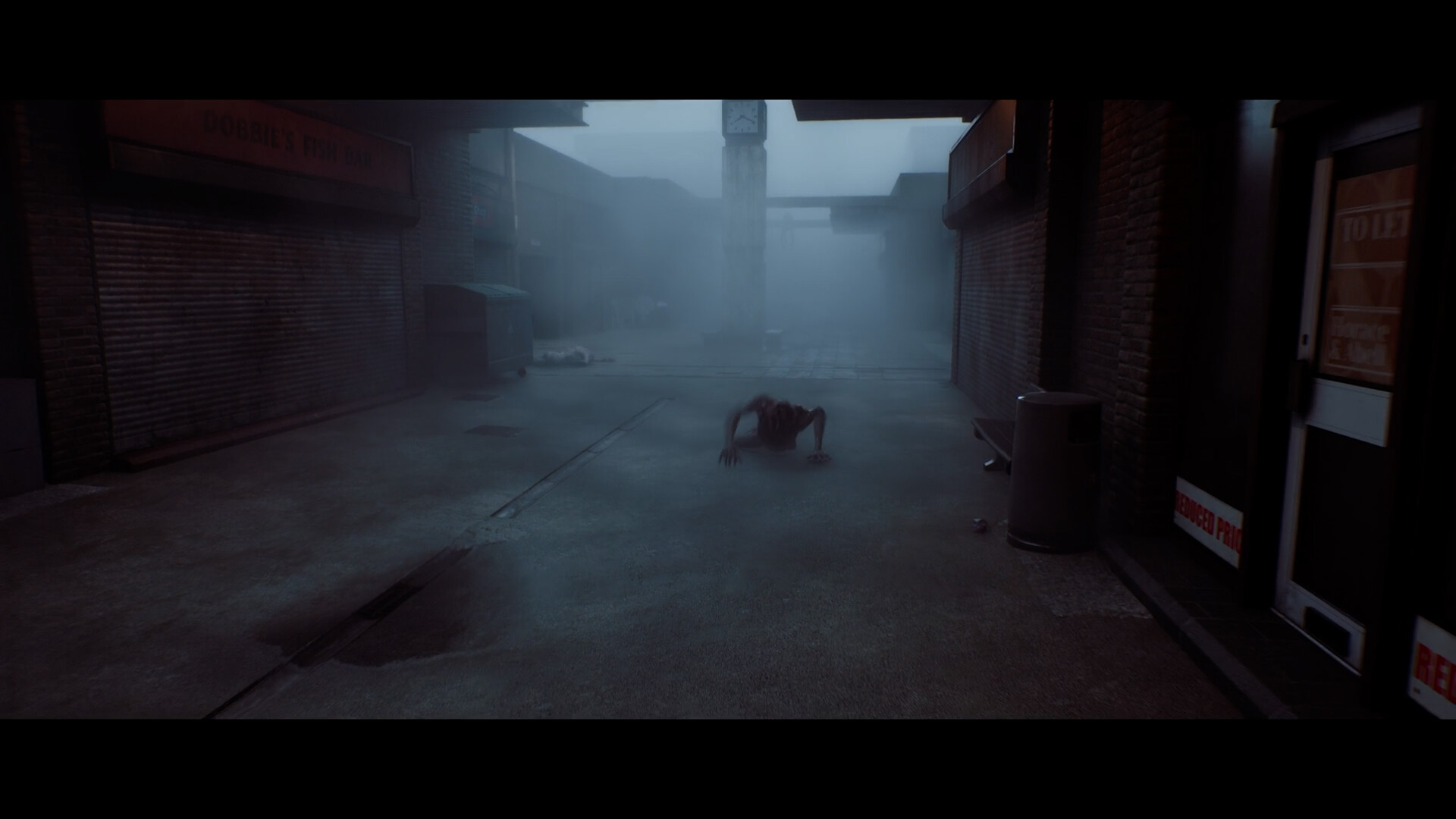 Foggy St. Amelia street with closed shutters and a clock tower in the distance